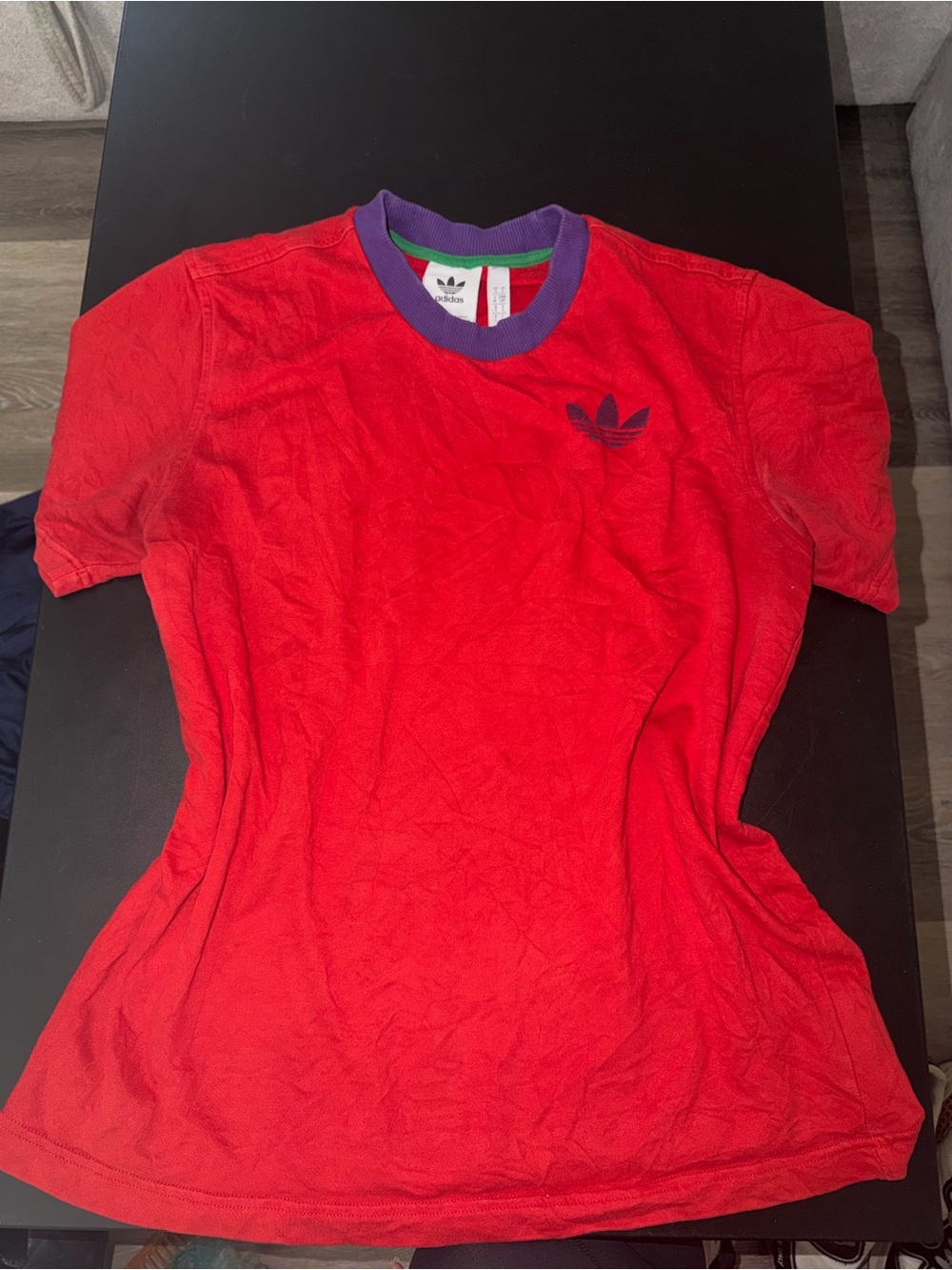 adidas Red Tee with Purple Ribbed Neck